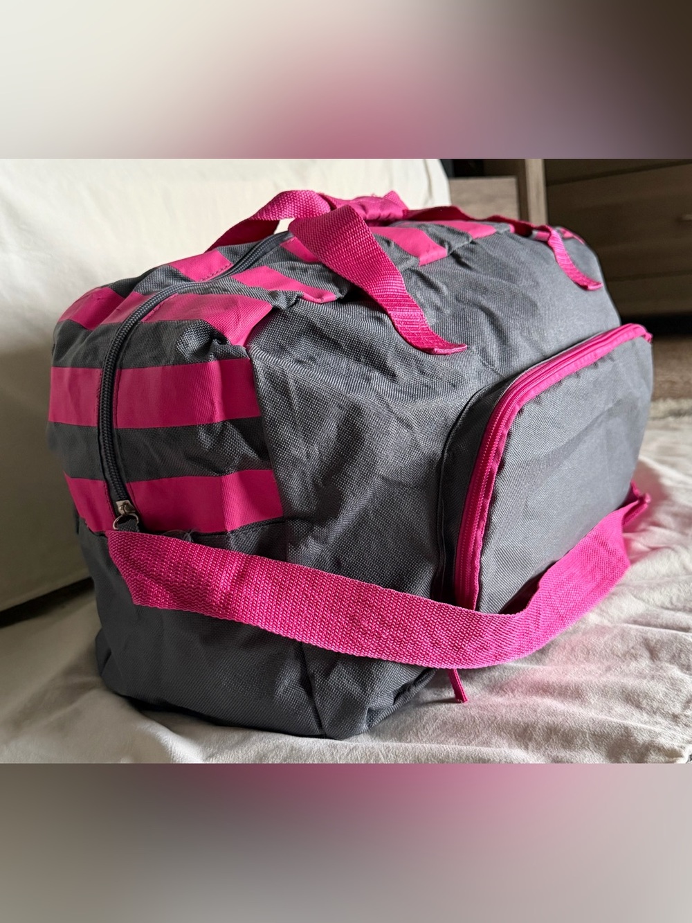 Gray and Hot Pink Women’s Travel Duffel Bag